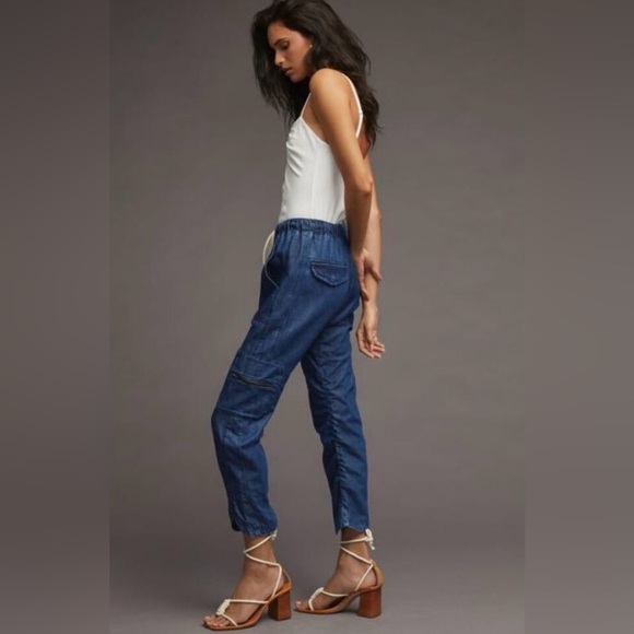 Anthropologie Pilcro Cottage Utility Cargo Blue Chambray Denim Drawstring Pants - Picture 4 of 16